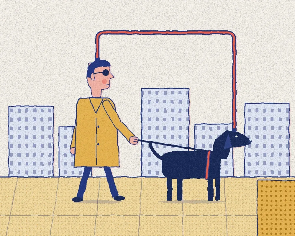 Amir, wearing dark glasses and a yellow coat, walks through the city with his guide dog Cooper; a red cable links Amir's head to Cooper's