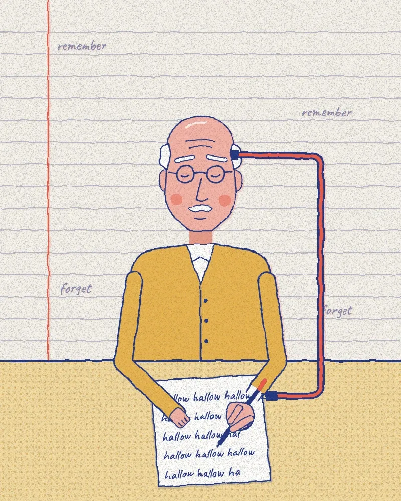 Otto, an elderly man in a cardigan, writing on a notepad; a red cable runs from his pen to his head, against lined paper reading 'remember' and 'forget'