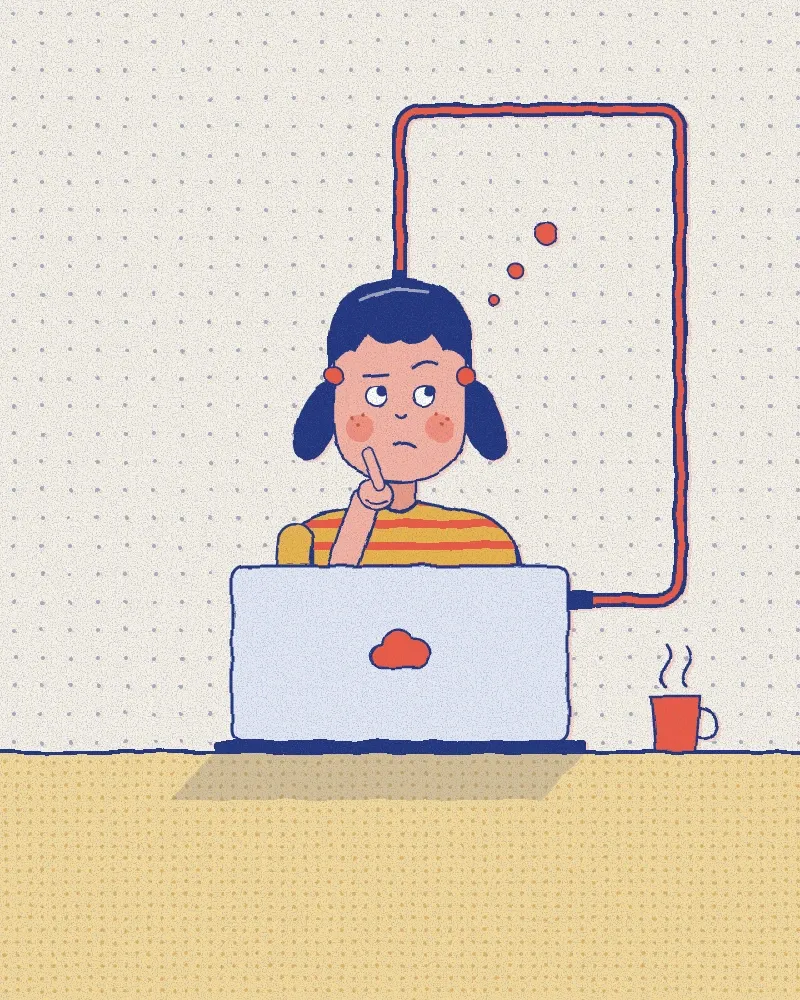Sarah sits at her laptop, finger on her chin, looking up doubtfully; a red cable runs from the laptop into her head